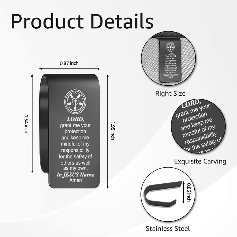 PUVOXHO Lord Grant Me Your Protection Black Engraved Stainless Steel Car Visor Clip, Safe Driving Reminder Visor Clip for Religious Believers, Religious Thank You Gifts for New Drivers Family Friend - Image 1